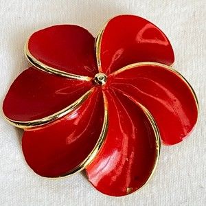Flower Brooch Large Red Enamel Over Gold Tone Metal
